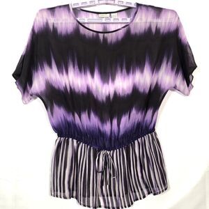 Chicos Pure Silk Tunic Top Size 0 Purple Ombre Drop Hem Striped Dolman Sleeve